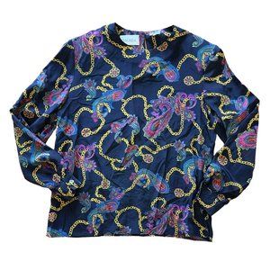 Galinda VTG Womens Blouse S Navy Paisley Chains 100% Silk Long Sleeve Shoulder P